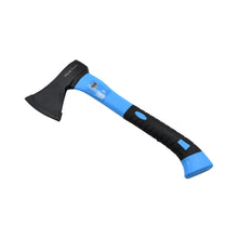 Wood cutting hatchet with rubberized handle.