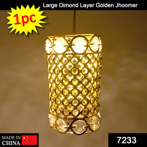 Large golden jhoomer with diamond design.